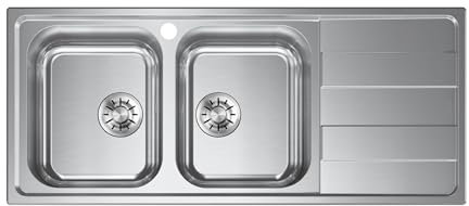 EVHOC Lavello Cucina Sopratop AURA L, 2 Vasche a Sinistra con Gocciolatoio, Lavandino in Acciaio Inox con Finitura Satinata, Piletta Inclusa, Made in Italy, 116x50 cm