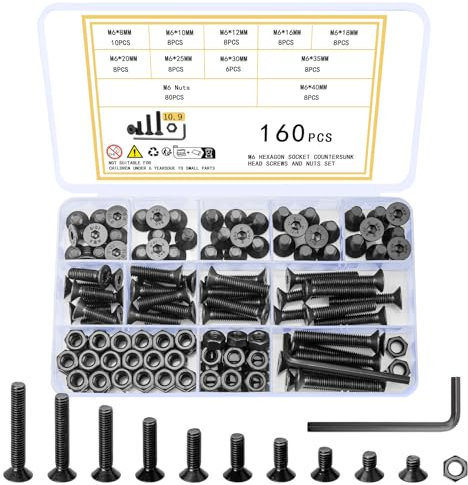 Ewwtrey 160 Stück M6 Schrauben Set, Innensechskant Senkkopfschrauben Muttern Set, Innensechskantschrauben mit Muttern Set, Flachkopf Maschinenschrauben Set, Schwarz Gewindeschrauben und Muttern Set