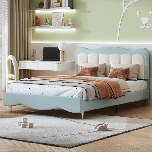 Skcess Kinderbett Polsterbett 140 X 200 cm, Pu-Leder Süßes Jungen-Mädchen-Bett Hellblau Jugendbett Doppelbett Mit Lattenrost (Ohne Matratze)