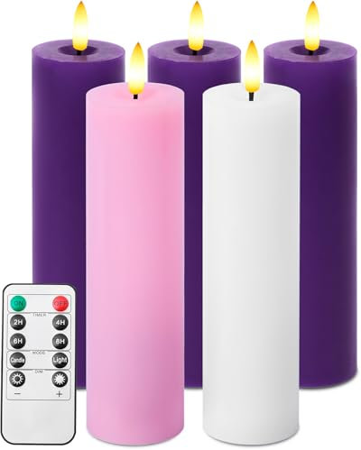Stmarry Battery Operated Advent Candles Set of 5 with Remote and Timer - 2x7 Pink and Purple Pillar Candle Set, Flameless for Advent Wreath Holder