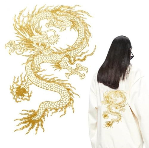 HiyyFloy Goldfarbener Drachen-aufnäher, Bestickter Aufnäher Chinesischem Drachen, Zum Aufnähen Oder Aufbügeln Für Selbstgemachte Chinesische Drachenkostüme, Jacken, Kleidung,