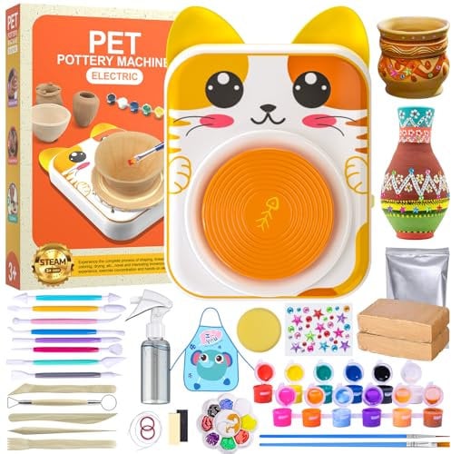 Roaxkois Kit Ceramica per Bambini, Ruota in Ceramica Elettrica per Bambini, Kit Ceramica Fai da Te con Argilla per Ceramica, Colori, Grembiuli, Regali per Bambini dai 6 Anni (Gatti)