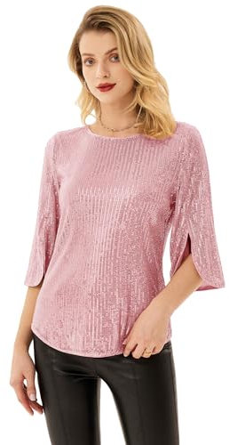 GRACE KARIN Camicetta da donna con paillette, maniche a 3/4, con spacco, scollo rotondo, elegante, per feste, rosa chiaro, S