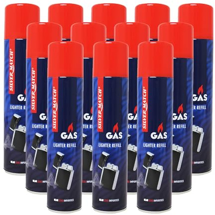 12x Feuerzeuggas 300 ml für Feuerzeuge mit 5 Adaptern | Near Zero impurities | Flambierbrenner | Nachfüllgas Nachfüller Gas | Sturmfeuerzeuge Stabfeuerzeug
