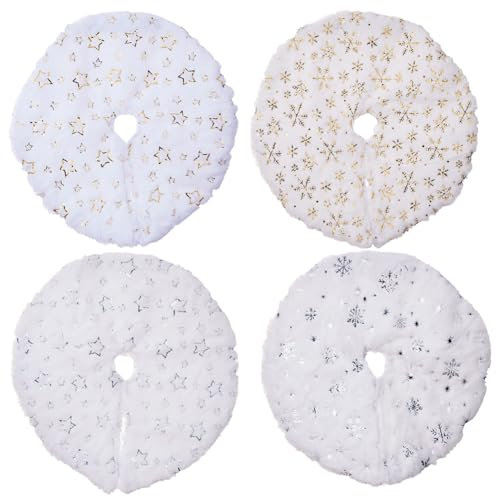 4 Funda Lavable para La Base del Árbol de Navidad,Blanco Falda de Felpa del Árbol de Navidad,con Lentejuelas Plateadas y Doradas,Faldones con Aberturas para Decoración De Fiesta Navideña