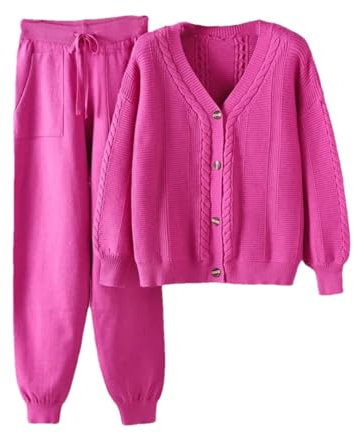 Auutmn Primavera 2/Due Pezzi Donna Cardigan Tuta Maglia Pantaloni Set Scollo A V Maglione Suit, Fucsia, Taglia unica