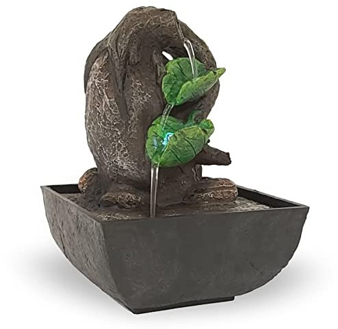 NATIV Zimmerbrunnen mit Blattschalen | Tischbrunnen mit LED Beleuchtung | dekorativer Zierbrunnen in Naturoptik | Wasserbrunnen für Zuhause und Büro | Springbrunnen für Wohlfühlmomente