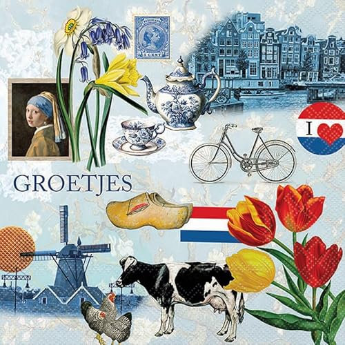 20 Servietten Länder Symbole von Niederlande als Tischdeko. Papierservietten mit Motiv. Auch für Decoupage und Serviettentechnik 33x33cm