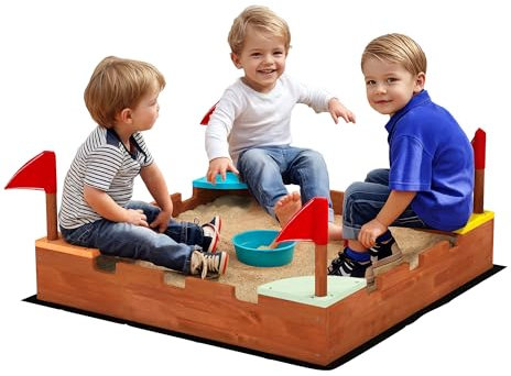 AIYAPLAY Sabbiera per Bambini 3-7 Anni a Forma di Castello con 4 Sedute con Bandierine, Sabbionaia per Bambini in Legno di Abete, 90x90x17 cm, Multicolore