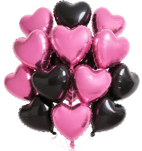 Ballon Coeur Rose Noir, 12pcs Forme de Coeur Ballons, Ballons en Aluminium Coeur Noir, Rose Ballon Coeur Helium pour Anniversaire, Mariage, Engagement, Douche de bébé, Valentine Décoration