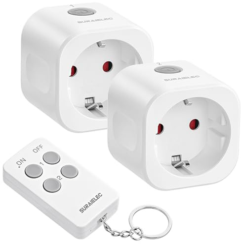 SURAIELEC Funksteckdose mit Fernbedienung, 16A/3680W, Funk Steckdosen-Set | Für Innenbereich, kabellos mit 30 m Reichweite. Energiesparend, CE & RoHS Zertifiziert. 2 Steckdosen mit 1 Fernbedienung