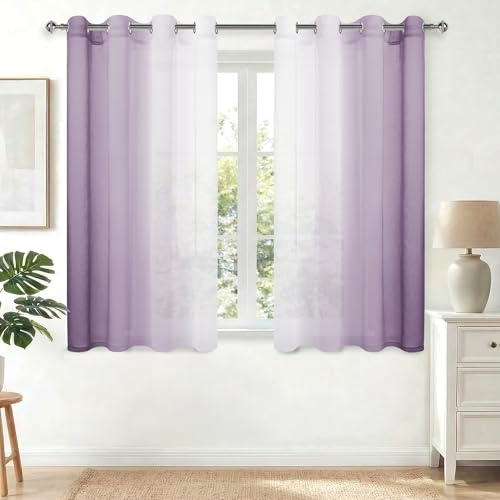 Hiasan Lila Gardinen mit Ösen Vorhänge Halbtransparent Wohnzimmer | Lila Farbverlauf, H160 x B140cm, 2er Set, Ösenvorhang Gardine Vorhang aus Polyester Voile, moderne Dekoschal für Schlafzimmer