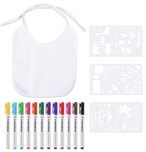 Vexnaro Baby Lätzchen zum Bemalen aus Baumwolle, 12 Textilstiften mit 12 Stück Weiße Lätzchen und 3 Tiermotiv Vorlagen, Kreativset für Babyshower Geschenke für Jungen und Mädchen