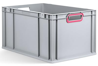 aidB Eurobox NextGen 2.0 - 600x400x320mm – Stapelbare 65L Kunststoffbox mit offenen Griffen – Lagerbox für Aufbewahrung, Transport & Organisation – Industriequalität - inkl. ColorClips in Magenta