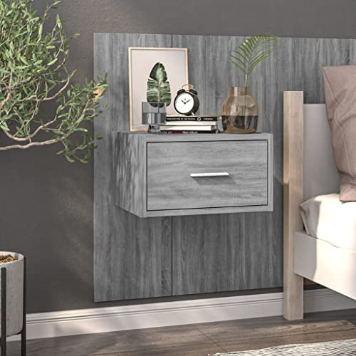 Table de Chevet Murale Flottante Sonoma Gris - Étagère de Nuit Suspendue avec 2 Tablettes, Bois d'Ingénierie Résistant, Idéale pour Chambre Coucher Moderne et Petit Espace, Facile à Nettoyer