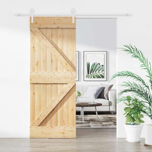 mzdioop Puerta corredera de madera maciza de pino natural, 80 x 210 cm, con riel de acero pulverizado, ahorra espacio para renovación de viviendas y transiciones interiores