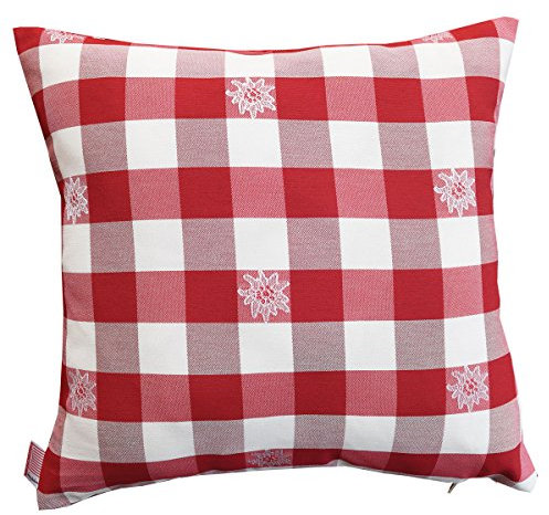 Kissenhülle Karo mit Edelweiß in Rot | 1 Stück hochwertiges Zierkissen 40 x 40 cm passend zur Landhaus-Serie | Kissenbezug langlebig, rot-weiß kariert | Dekokissen aus Webstoff als Motiv
