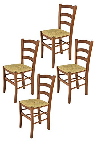 t m c s Tommychairs - Set 4 chaises Venice pour Cuisine, Bar et Salle à Manger, Robuste Structure en Bois de hêtre peindré en Couleur Noyer Clair et Assise en Paille