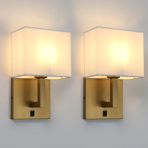 Yosoan 2 Sets of Vintage Linen Fabric Lampshade Wall Sconce Light Fittings | Beside Wall Lamp with Wall Switched for Living room Bedrooms Hotel E27 Screw