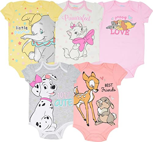 Disney Classics 5 Pack Bodysuits Princesses 101 Dalmatians Dumbo Bambi Aristocats