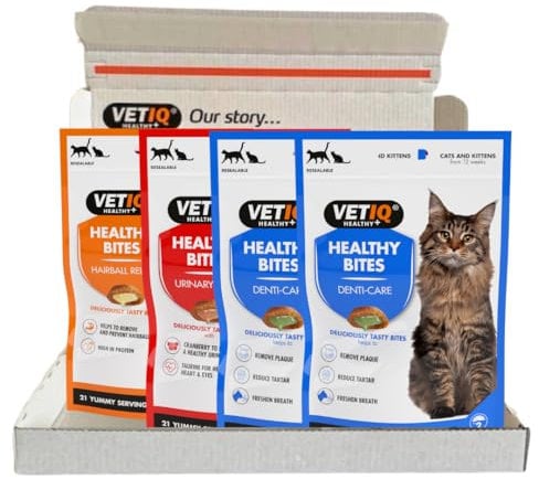 VetIQ Healthybites For Cats Variety Pack 4 x 65g Cat Supplement for Breath & Dental Hairball Removal and Urinary Care Tasty Pet Remedy with Chicken Duck Cheese & Catnip