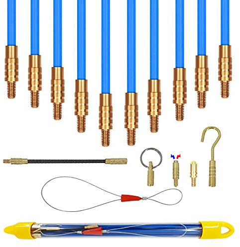 IRSCorp 16.5ft Multi-Function Fiberglass Cable Puller Electrical Fish Tape Duct Rodder Wire Pull Push Kit in Tube Fiberglass Cable Rods with Hook and Hole Blue