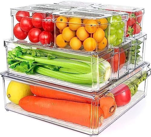 MYXKHYLL Set of 10 Fridge Organisers With Lids, Stackable Vegetable Fruit Storage Containers, Refrigerator Organiser, Clear Storage Containers, Kitchen Storage & Organisation, BPA Free