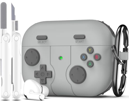 R-fun Hülle kompatibel mit Apple Airpods Pro (2023/2022/2019, 2./1. Gen), USB-C/Lightning-Kabel, mit Reinigungsset, klassisches Design für Handheld-Spielekonsolen, weiche Silikon-Schutzhülle,Hellgrau