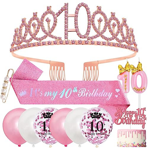 10. Geburtstag Mädchen 10 Jahre Geburtstagsdeko, 10. Geburtstagskrone und Birthday Schärpe,Rosa Diamant Krone Crown Geburtstag 10 Schärpe,Luftballons 10 Jahre,Kerze 10 Mädchen