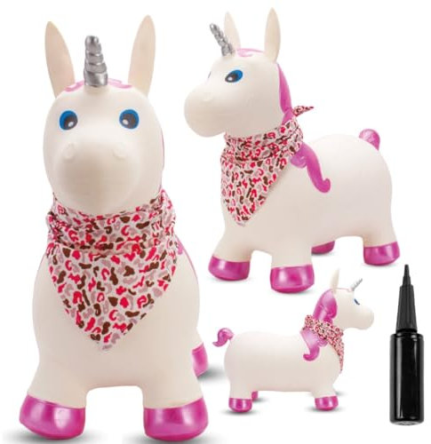 Sun Baby Animale gonfiabile che salta, giocattolo di 1 anno, saltarello per bambini, design ergonomico, cavallo giocattolo, pompa manuale inclusa (Unicorno bianco con corno glitterato)