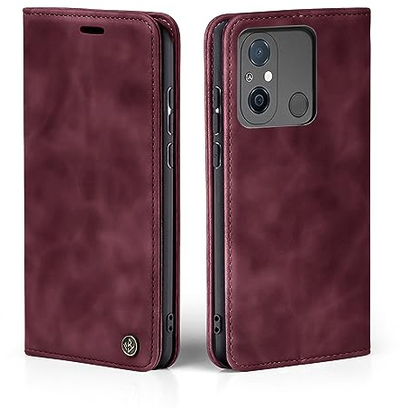 LBH Handyhülle für Xiaomi Redmi 12C in Weinrot mit Karten- und Geldfach Smartphone Hülle mit Standfunktion Flip Case Schutzhülle Magnetverschluss Vintage