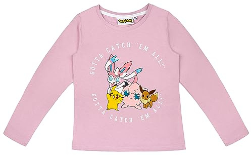 Pokémon Pikachu Kinder Langarmshirt Rosa – Bekleidung Shirt, Mädchen, Langarm T-Shirt mit Pikachu Print „Gotta Catch ’Em All“, Kinder Pullover, bequem, Baumwolle