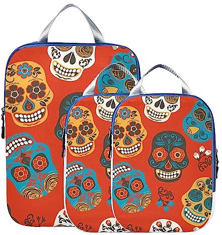 Kompressions-Verpackungswürfel für Koffer, Dia De Los Muertos Day The Dead Skull 3 Pack Packwürfel für Rucksack Reise Essentials Gepäck Organizer Taschen Set