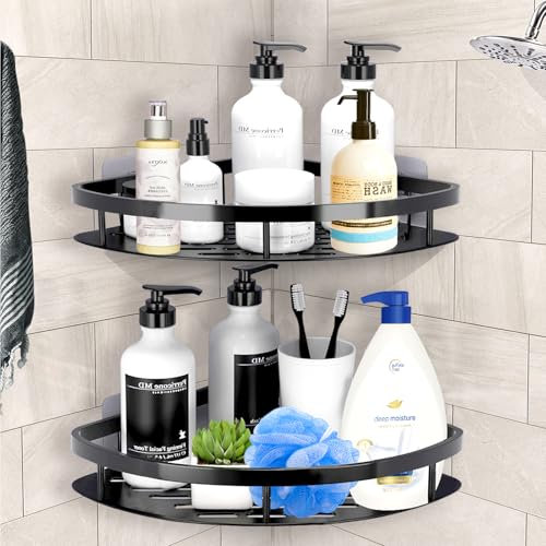 VAKOWOO Corner Shower Caddy, 2 Pack Shower Shelf Organiser No Drilling, Rustproof Self-Adhesive Bathroom Shower Storage Rack Wall Mounted, Black Bathroom Accessories for Kitchen, Toilet