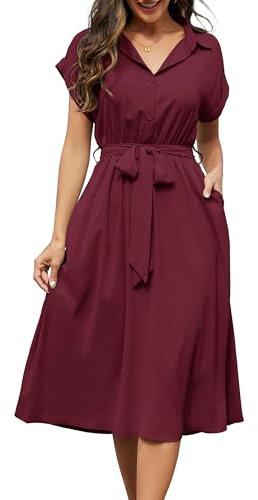 Cassiecy Strandkleid Damen Knielang Kurzarm Blusenkleid Elegant V-Ausschnitt Midikleid Casual Wickelkleid Sommerkleid mit Taschen（M,Weinrot）