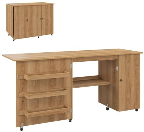 Multigot Folding Sewing Table, Large Drop Leaf Craft Table with Lockable Casters, 3 Storage Bins, Open Shelf and Cabinet, Mobile Sewing Machine Workstation Computer Desk for Home Office (Brown)