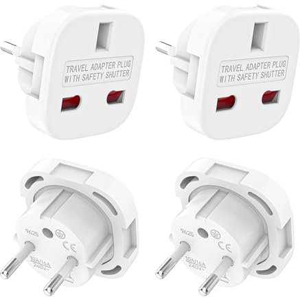 VIEVRE 4 Stück Adapter UK auf DE, Travel Adapter England Deutschland Stecker, Reisestecker Typ G Steckdose, Steckdosenadapter England für EU zu England/Schottland/Irland/Dubai/Maldives, Weiß