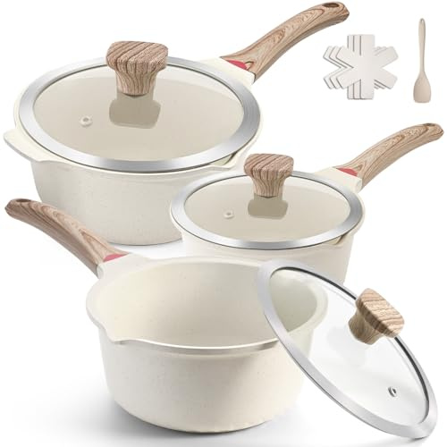 VINCHEF Juego de cacerolas con tapa, 10 piezas, 3 ollas antiadherentes blancas de inducción, juego de cacerolas con herramientas de silicona y protectores de ollas, libre de PFAS y PFOA (2QT+3QT+4QT)