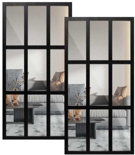 2Pcs Window Wall Mirror Wood Framed Wall Decor Vintage Rustic Arched Window Shape Mirror Sticker Decorative Farmhouse Entry Mirrors 22x44cm for Living Room Bathroom Bedroom (black (rectangular))