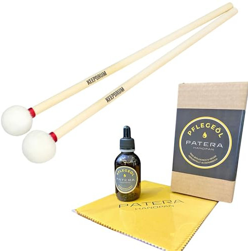 Handpan Zubehör Set inkl. Patera Pflege-Öl, Reinigungs-Tuch + keepdrum Schlägel weich Mallets 1 Paar