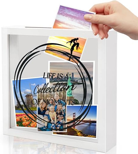 Hosawtek Delight: Capture Memories in Style! Marco de caja de sombra blanca de 20 x 20 cm, caja de recuerdos de madera con ranura, decoración de pared y exhibición de escritorio (blanco)