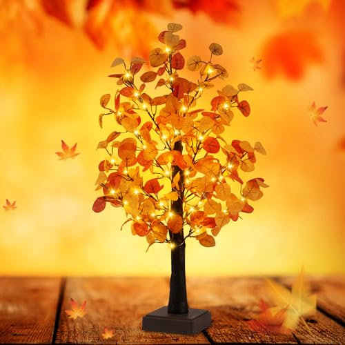 ACAREY Herbstdeko Baumlichter mit 50 LEDs, Herbst Dekoration Eukalyptus Lichterbaum 60cm Lichterbaum Für Innen, Eukalyptusblättern Künstlicher Baum mit Timer für Tisch, Schlafzimmer, Weihnachten