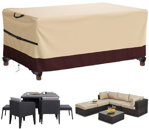 Copertura Per Mobili da Giardino,Telo Oxford Impermeabile Copri Tavolo,Tavoli e Sedie da Cortile,Quadrato Resistente Allo Strappo Copertura Tavolo Esterno Antivento (Beige&Marrone, 150*90*75cm 600D)