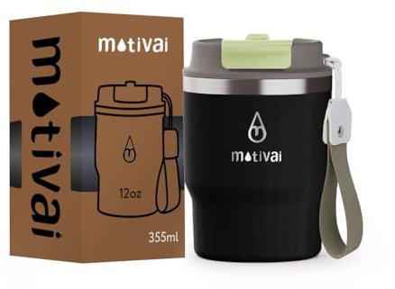 Motivai® Kaffeebecher To Go Schwarz 300ml | Thermobecher Edelstahl BPA-freier |12oz | Coffee to go becher | Thermotasse mit deckel | Travel Mug | Thermosbecher klein | Spülmaschinenfest | Teebecher