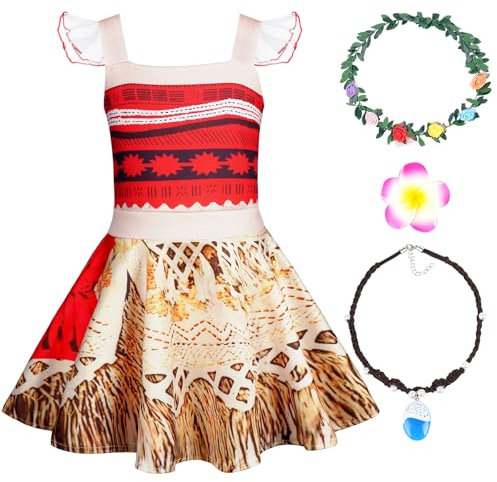 AUYAO Kinder Moana Prinzessin Mädchen Kostüm 5 Set Vaiana Kleid Verkleidung mit Zubehör Blumenkrone Halskette Blumenclip Girls Princess Kostüm Verkleidung Karneval Halloween Geburtstag Party (140cm)