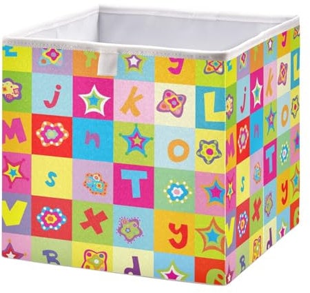Joitme Letters Flowers Kindergarten Storage Cubes, Fabric Organization Bin with Full Print and Handle Storage Boxes, the Home Edit Storage Containers