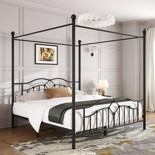 NNJN Metallbett, Himmelbett, Gewelltes Kopfteil, Französisches minimalistisches Design, Heranwachsende und Erwachsene, Flachbetten, Metall, Schwarz, 140x200cm