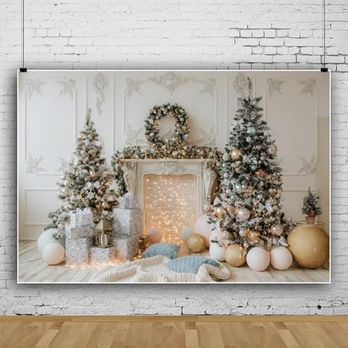 Toile de Fond pour Photo de Noël, scène de Noël avec cheminée Blanche, Toile de Fond d'hiver, Arbre de Noël, Vinyle, 8 x 6ft