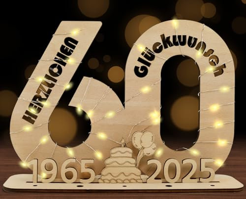 SALUOKE 2025 60 Geldgeschenke Geburtstag mit LED Lichterkette, 60 Geburtstag Geschenk für Frauen & Männer, Holzschild Gästebuch zum 60. Geburtstag, 60 Geburtstag Deko
