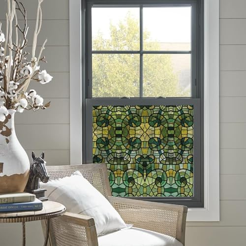 ChicSkin Original handgezeichnet Fensterfolie bunt grünes Mosaik 43X287CM | Handbemalte folie für fenster,Beidseitig Wohnzimmer, Schlafzimmer Küche statische buntglas fensterfolie Fensterdekoration